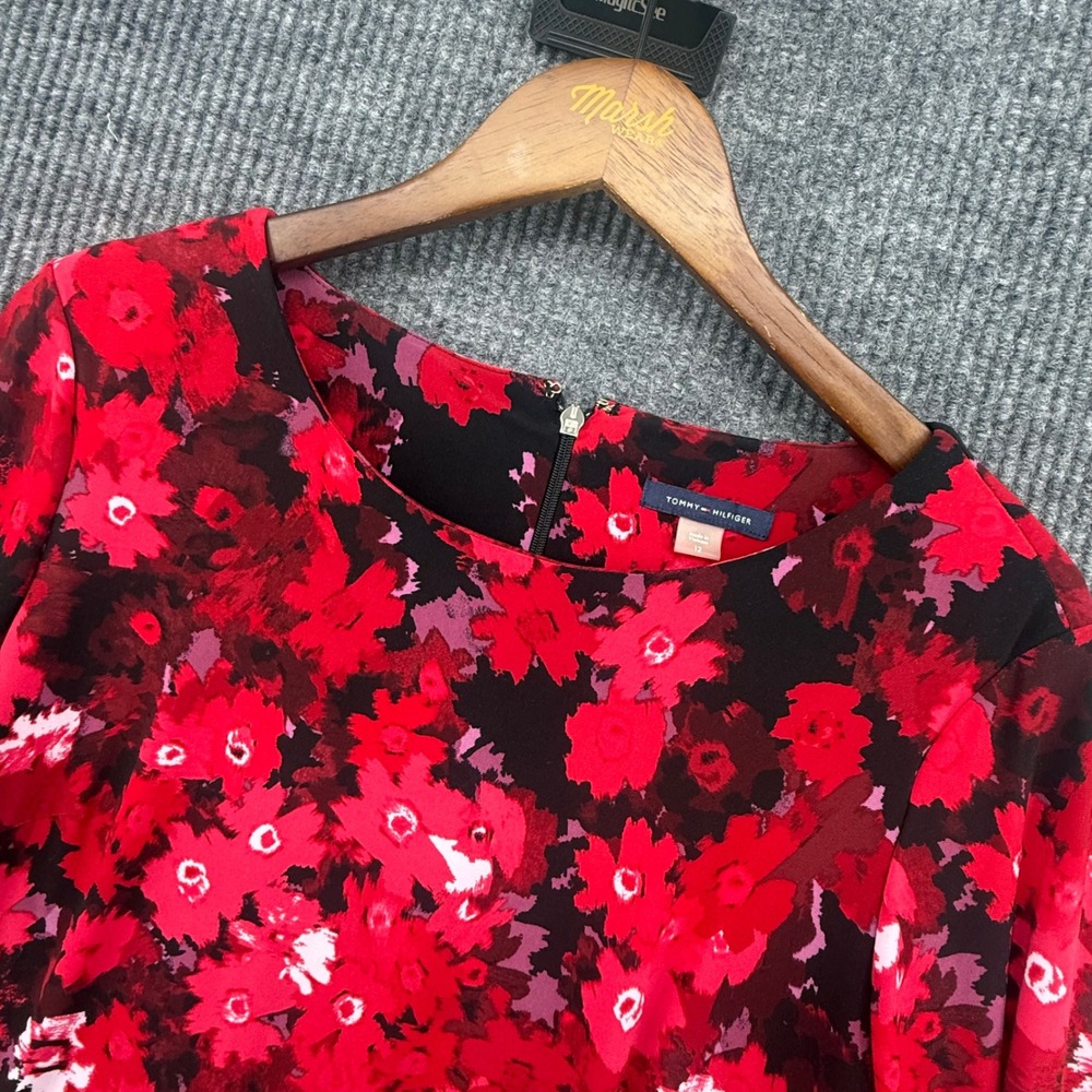 Tommy Hilfiger Shift Dress Womens 12 Red Floral Excellent Bell Sleeve D3-0563